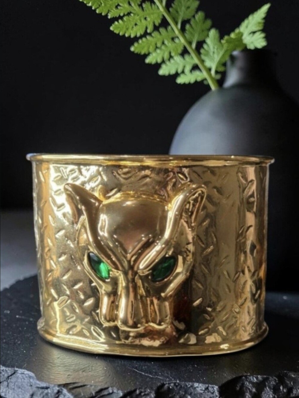 Catwalk Jon Huge 18k Gold Plated Panther Cuff Bracelet With Emerald Crystal Eyes